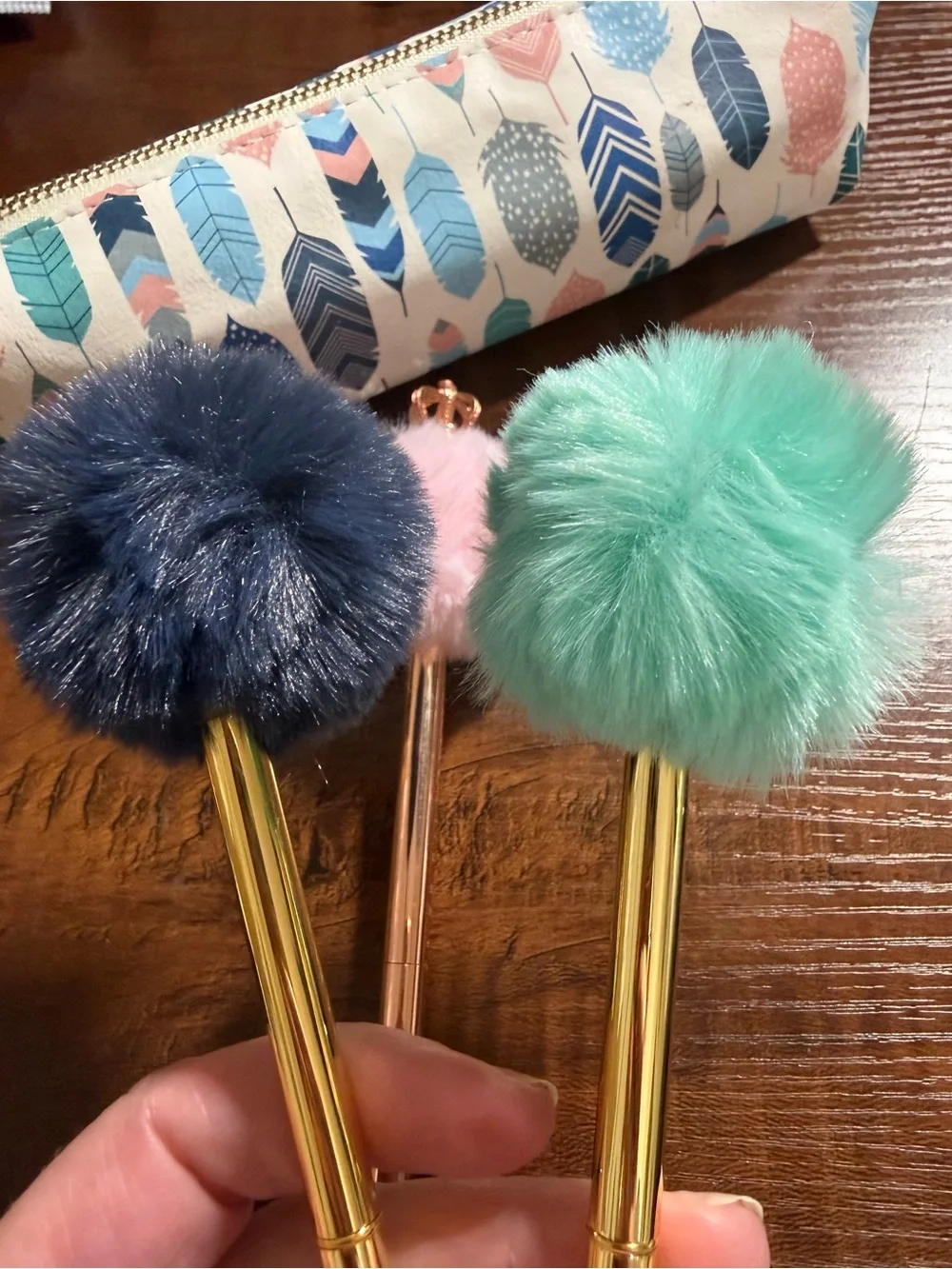 Fuzzy Pom-Pom Pen Set with Carpe Diem Feathers Pen/Pencil Pouch